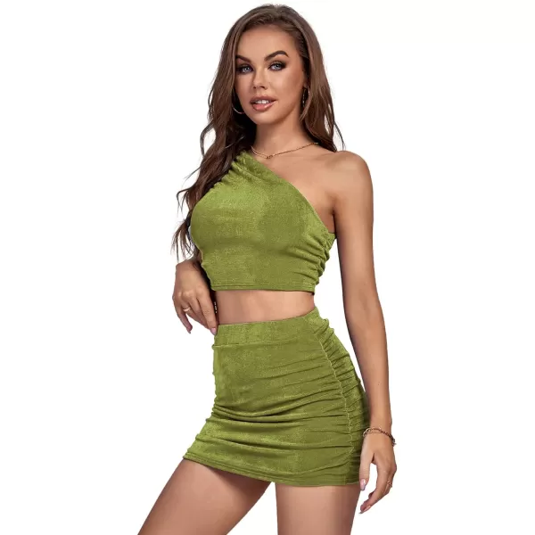 LYANER Women's 2 Piece Outfits One Shoulder Crop Top and Mini Skirt Set
