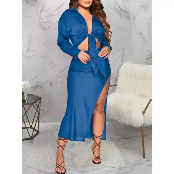 LYANER Women's 2 Piece Outfits Rib Self Tie Knot Long Sleeve Crop Blouse and High Slit Bodycon Maxi Skirt Set