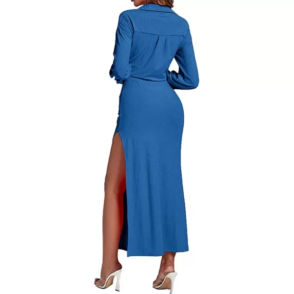 LYANER Women's 2 Piece Outfits Rib Self Tie Knot Long Sleeve Crop Blouse and High Slit Bodycon Maxi Skirt Set