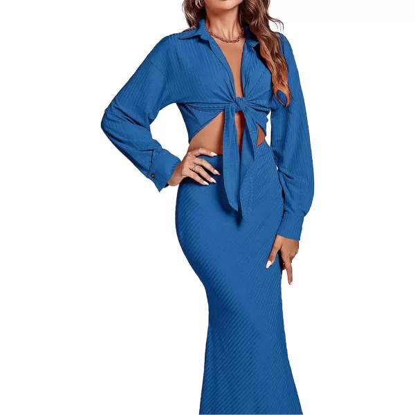 LYANER Women's 2 Piece Outfits Rib Self Tie Knot Long Sleeve Crop Blouse and High Slit Bodycon Maxi Skirt Set