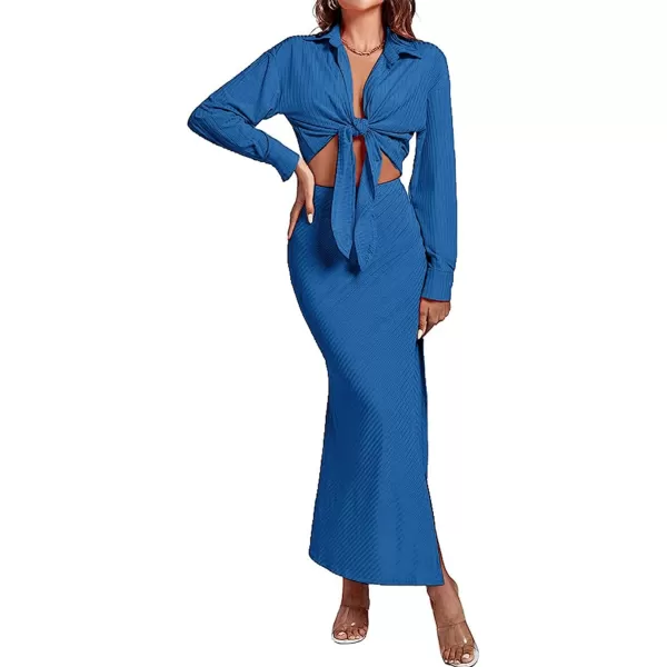 LYANER Women's 2 Piece Outfits Rib Self Tie Knot Long Sleeve Crop Blouse and High Slit Bodycon Maxi Skirt Set