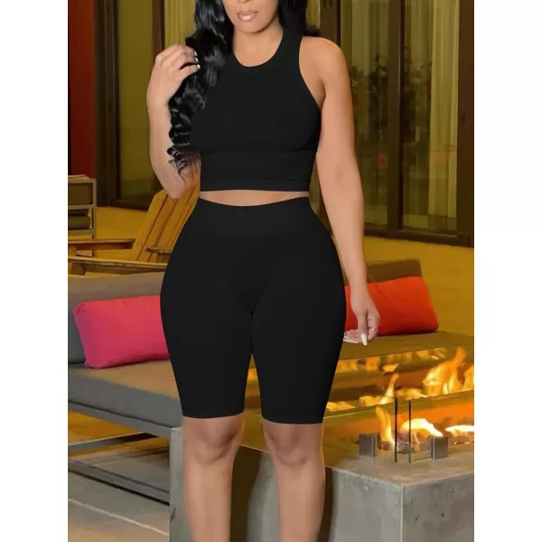 LYANER Women's 2 Piece Outfits Ribbed Tank Crop Top High Waist Shorts Athletic Workout Sets