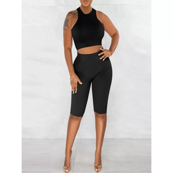 LYANER Women's 2 Piece Outfits Ribbed Tank Crop Top High Waist Shorts Athletic Workout Sets