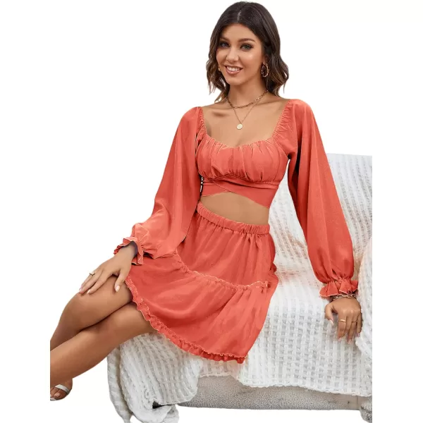 LYANER Women's 2 Piece Outfits Self Tie Knot Crop Top and Mini Skirt Set