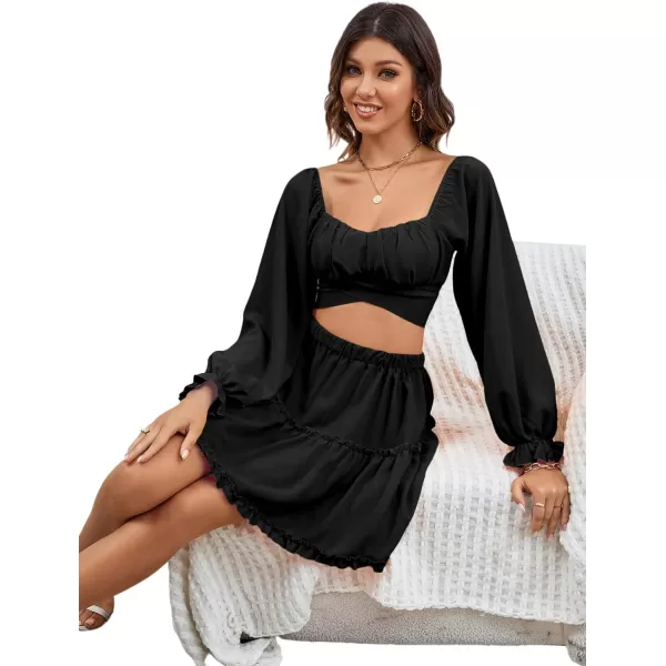 LYANER Women's 2 Piece Outfits Self Tie Knot Crop Top and Mini Skirt Set
