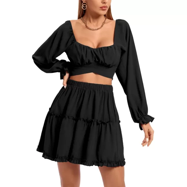 LYANER Women's 2 Piece Outfits Self Tie Knot Crop Top and Mini Skirt Set