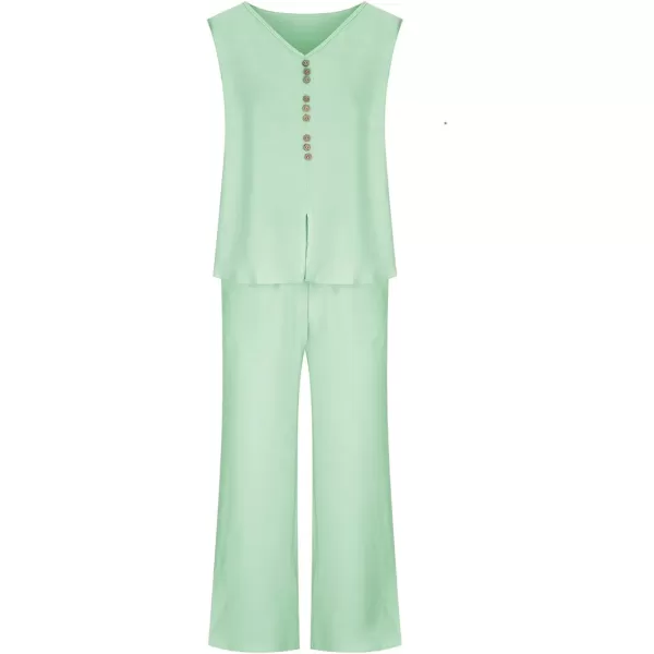 LYANER Women's 2 Piece Outfits V Neck Sleeveless Button Front Tank Top And High Waist Straight Wide Leg Long Pants Set