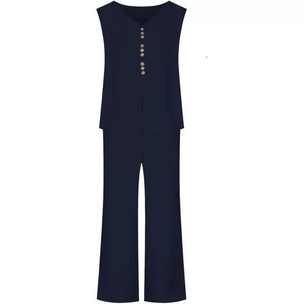 LYANER Women's 2 Piece Outfits V Neck Sleeveless Button Front Tank Top And High Waist Straight Wide Leg Long Pants Set