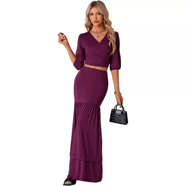 LYANER Women's 2 Piece Outfits Wrap Self Tie Knot Half Sleeve Crop Blouse and Ruffle Hem Bodycon Maxi Skirt Set