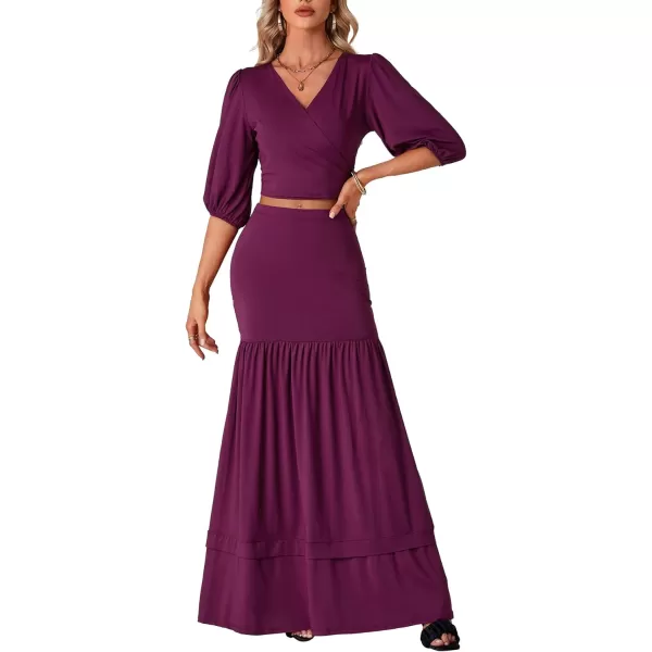 LYANER Women's 2 Piece Outfits Wrap Self Tie Knot Half Sleeve Crop Blouse and Ruffle Hem Bodycon Maxi Skirt Set