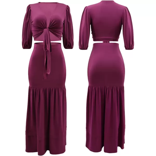 LYANER Women's 2 Piece Outfits Wrap Self Tie Knot Half Sleeve Crop Blouse and Ruffle Hem Bodycon Maxi Skirt Set
