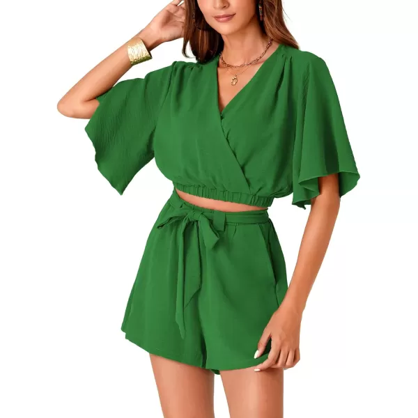 LYANER Women's 2 Piece Outfits Wrap V Neck Short Sleeve Crop Top and Elastic High Waist Shorts Set