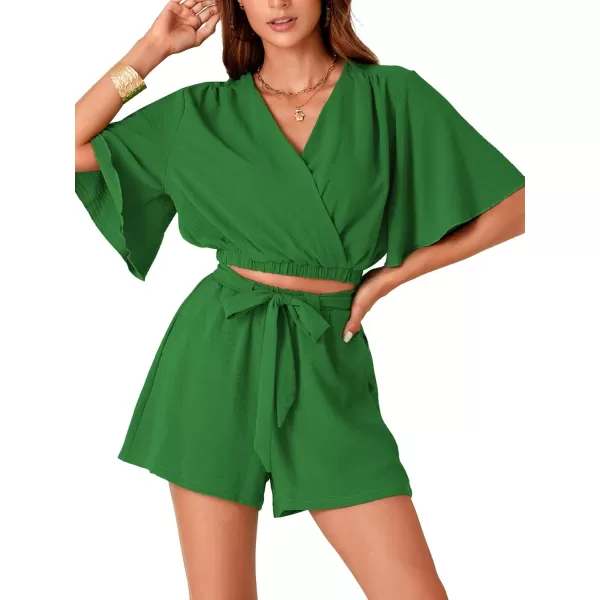 LYANER Women's 2 Piece Outfits Wrap V Neck Short Sleeve Crop Top and Elastic High Waist Shorts Set