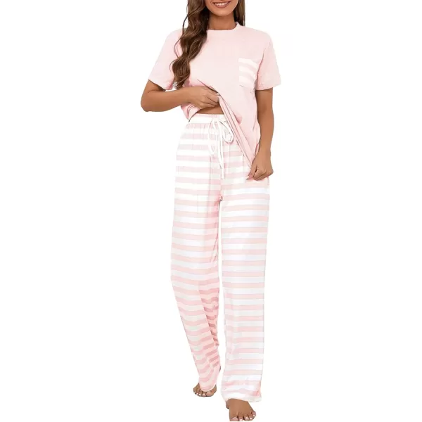 LYANER Women's 2 Piece Sleepwear Crewneck Short Sleeve Top and Striped Long Pants Pajama Set