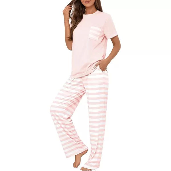 LYANER Women's 2 Piece Sleepwear Crewneck Short Sleeve Top and Striped Long Pants Pajama Set