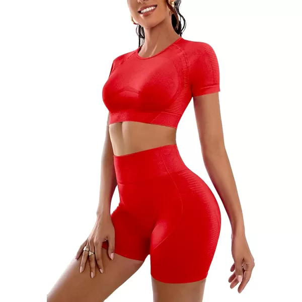 LYANER Women's 2 Pieces Workout Outfits Short Sleeve Crop Top and High Waist Bodycon Leggings Shorts Yoga Sets