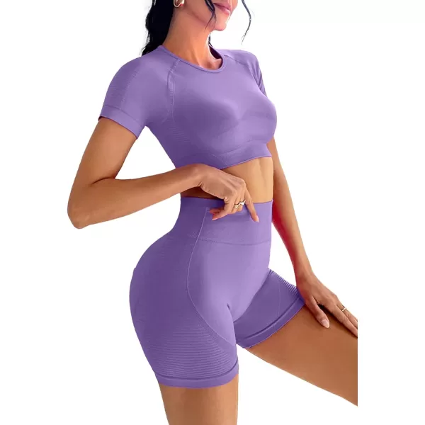 LYANER Women's 2 Pieces Workout Outfits Short Sleeve Crop Top and High Waist Bodycon Leggings Shorts Yoga Sets