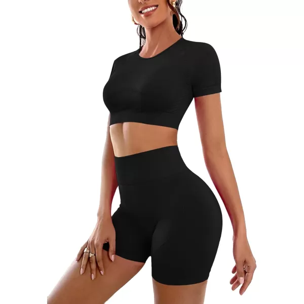 LYANER Women's 2 Pieces Workout Outfits Short Sleeve Crop Top and High Waist Bodycon Leggings Shorts Yoga Sets