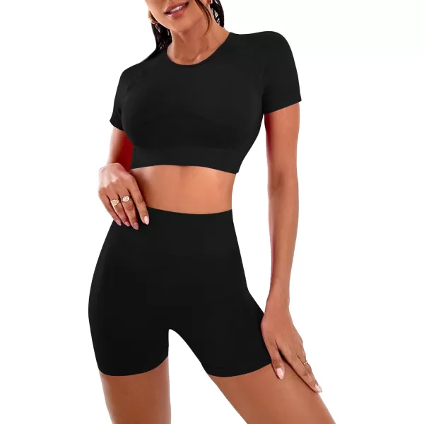 LYANER Women's 2 Pieces Workout Outfits Short Sleeve Crop Top and High Waist Bodycon Leggings Shorts Yoga Sets