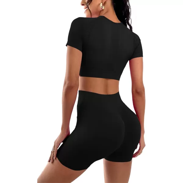 LYANER Women's 2 Pieces Workout Outfits Short Sleeve Crop Top and High Waist Bodycon Leggings Shorts Yoga Sets