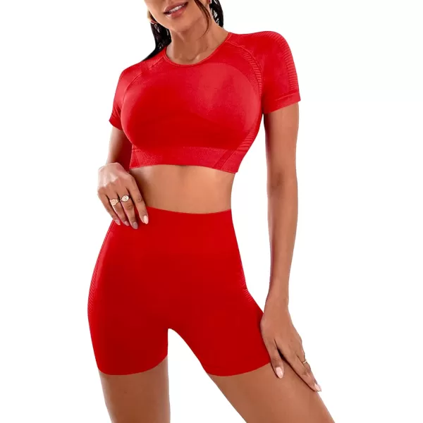 LYANER Women's 2 Pieces Workout Outfits Short Sleeve Crop Top and High Waist Bodycon Leggings Shorts Yoga Sets