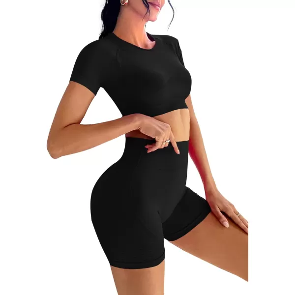LYANER Women's 2 Pieces Workout Outfits Short Sleeve Crop Top and High Waist Bodycon Leggings Shorts Yoga Sets