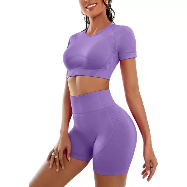 LYANER Women's 2 Pieces Workout Outfits Short Sleeve Crop Top and High Waist Bodycon Leggings Shorts Yoga Sets