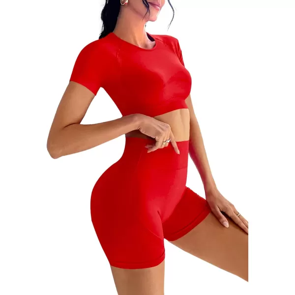 LYANER Women's 2 Pieces Workout Outfits Short Sleeve Crop Top and High Waist Bodycon Leggings Shorts Yoga Sets