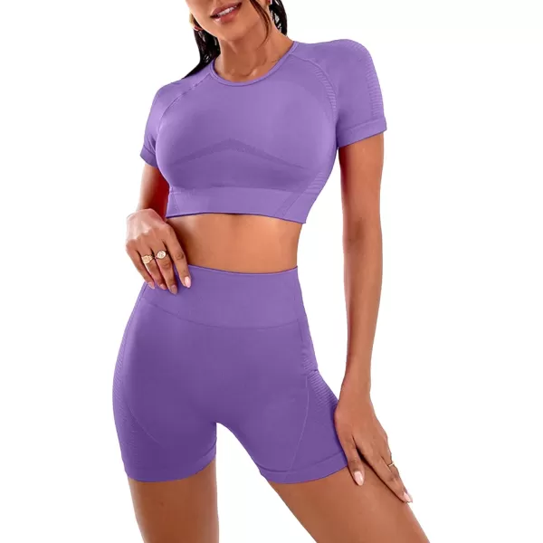 LYANER Women's 2 Pieces Workout Outfits Short Sleeve Crop Top and High Waist Bodycon Leggings Shorts Yoga Sets