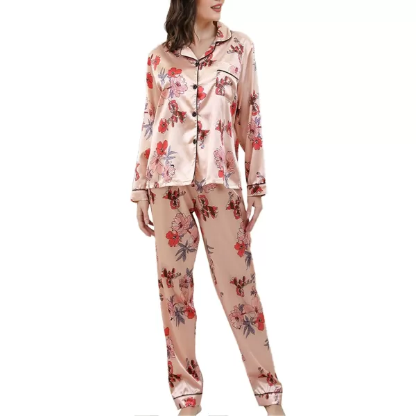 LYANER Women's 2 pieces Floral Satin Pajama Sets Button Shirt and Long Pants Lounge Set