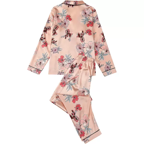 LYANER Women's 2 pieces Floral Satin Pajama Sets Button Shirt and Long Pants Lounge Set