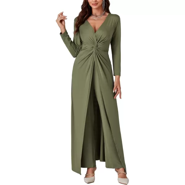 LYANER Women's 2 pieces Outfits Twist Knot High Slit Front Long Sleeve Pants Sets