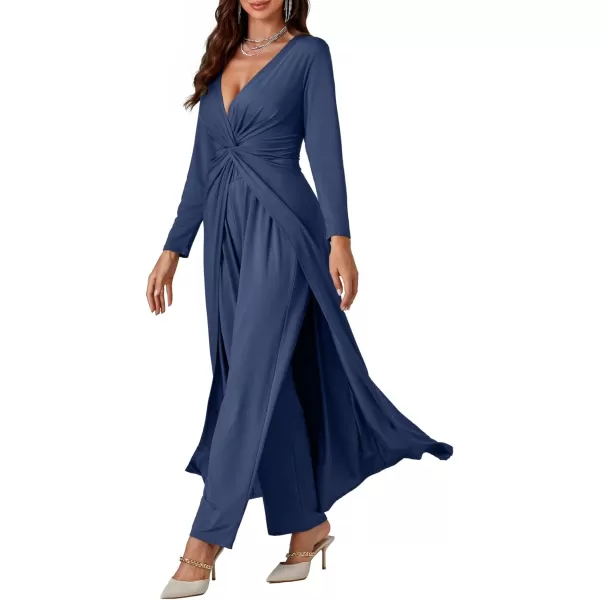 LYANER Women's 2 pieces Outfits Twist Knot High Slit Front Long Sleeve Pants Sets