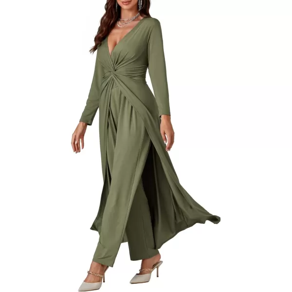 LYANER Women's 2 pieces Outfits Twist Knot High Slit Front Long Sleeve Pants Sets