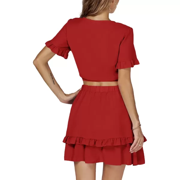 LYANER Women's 2pcs Outfits Tie Knot V Neck Crop Top and Ruffle Layer Mini Skirt Set
