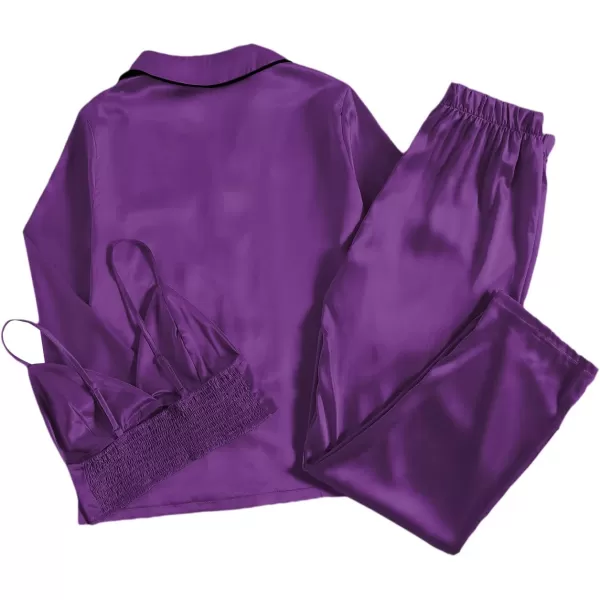 LYANER Women's 3Pcs Pajamas Satin Cami Top and Long Sleeve Shirt with Pants Sleepwear Set