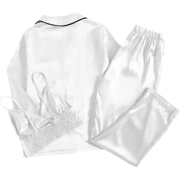 LYANER Women's 3Pcs Pajamas Satin Cami Top and Long Sleeve Shirt with Pants Sleepwear Set
