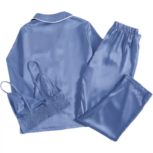LYANER Women's 3Pcs Pajamas Satin Cami Top and Long Sleeve Shirt with Pants Sleepwear Set