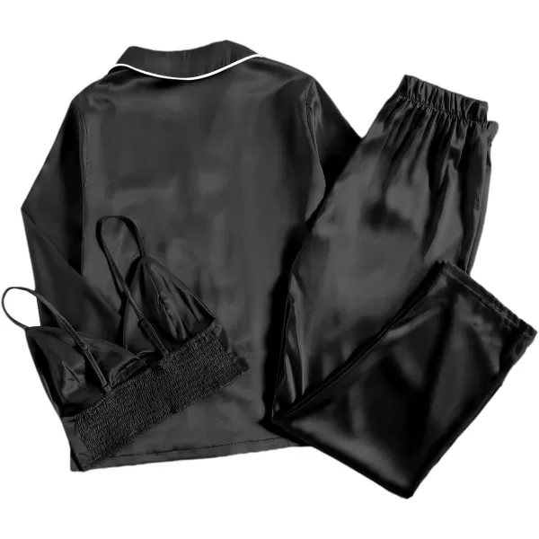 LYANER Women's 3Pcs Pajamas Satin Cami Top and Long Sleeve Shirt with Pants Sleepwear Set