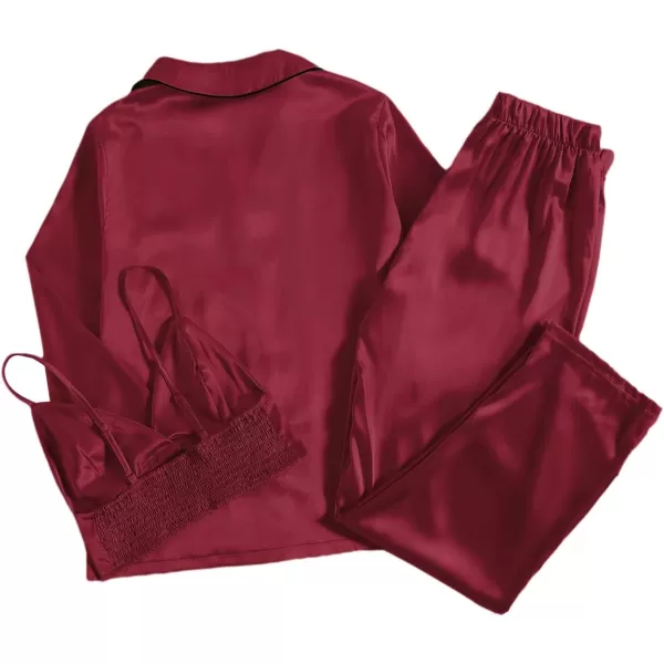 LYANER Women's 3Pcs Pajamas Satin Cami Top and Long Sleeve Shirt with Pants Sleepwear Set