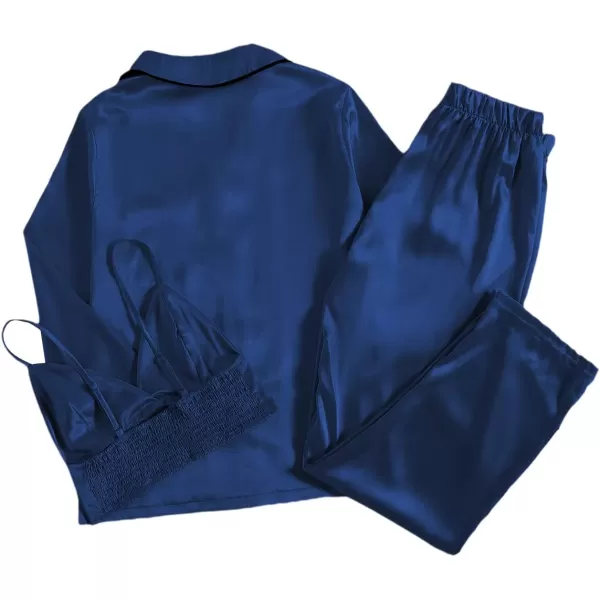 LYANER Women's 3Pcs Pajamas Satin Cami Top and Long Sleeve Shirt with Pants Sleepwear Set