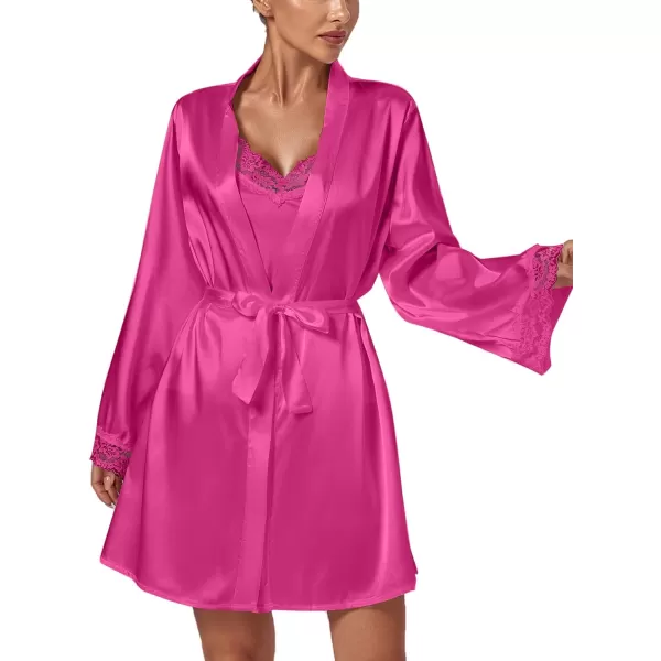 LYANER Women's 3pcs Sleepwear Silk Satin V Neck Lace Trim Cami Top and Shorts Pajama Set with Robe