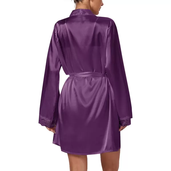 LYANER Women's 3pcs Sleepwear Silk Satin V Neck Lace Trim Cami Top and Shorts Pajama Set with Robe