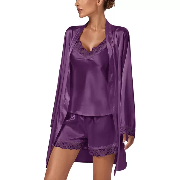 LYANER Women's 3pcs Sleepwear Silk Satin V Neck Lace Trim Cami Top and Shorts Pajama Set with Robe