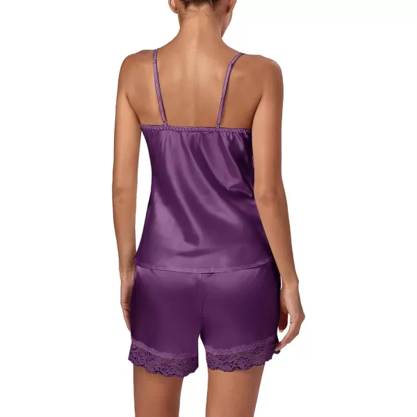 LYANER Women's 3pcs Sleepwear Silk Satin V Neck Lace Trim Cami Top and Shorts Pajama Set with Robe