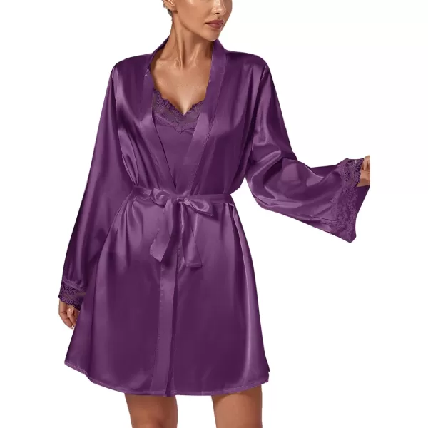 LYANER Women's 3pcs Sleepwear Silk Satin V Neck Lace Trim Cami Top and Shorts Pajama Set with Robe