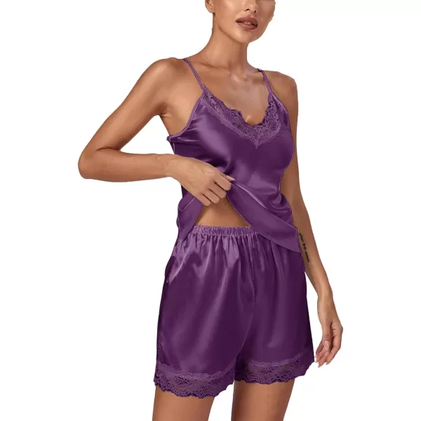 LYANER Women's 3pcs Sleepwear Silk Satin V Neck Lace Trim Cami Top and Shorts Pajama Set with Robe