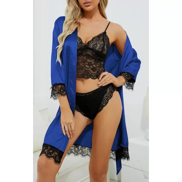 LYANER Women's 4pcs Sleepwear Satin Floral Lace Trim Cami Pajama Set with Robe