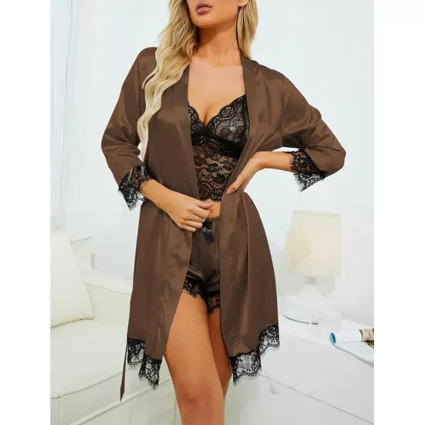 LYANER Women's 4pcs Sleepwear Satin Floral Lace Trim Cami Pajama Set with Robe