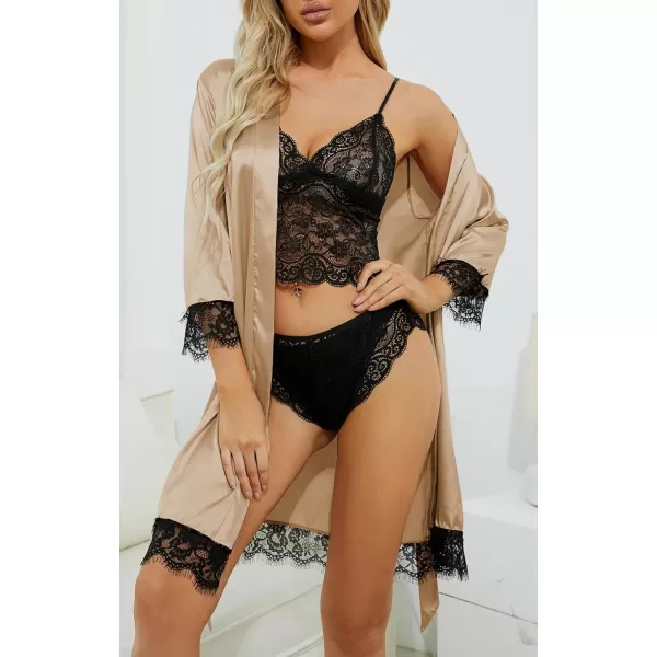 LYANER Women's 4pcs Sleepwear Satin Floral Lace Trim Cami Pajama Set with Robe
